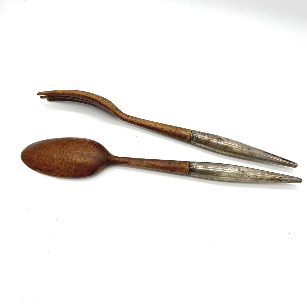 Vintage Mid Century Modern Teak Wood and Sterling Silver Salad Serving Set‎